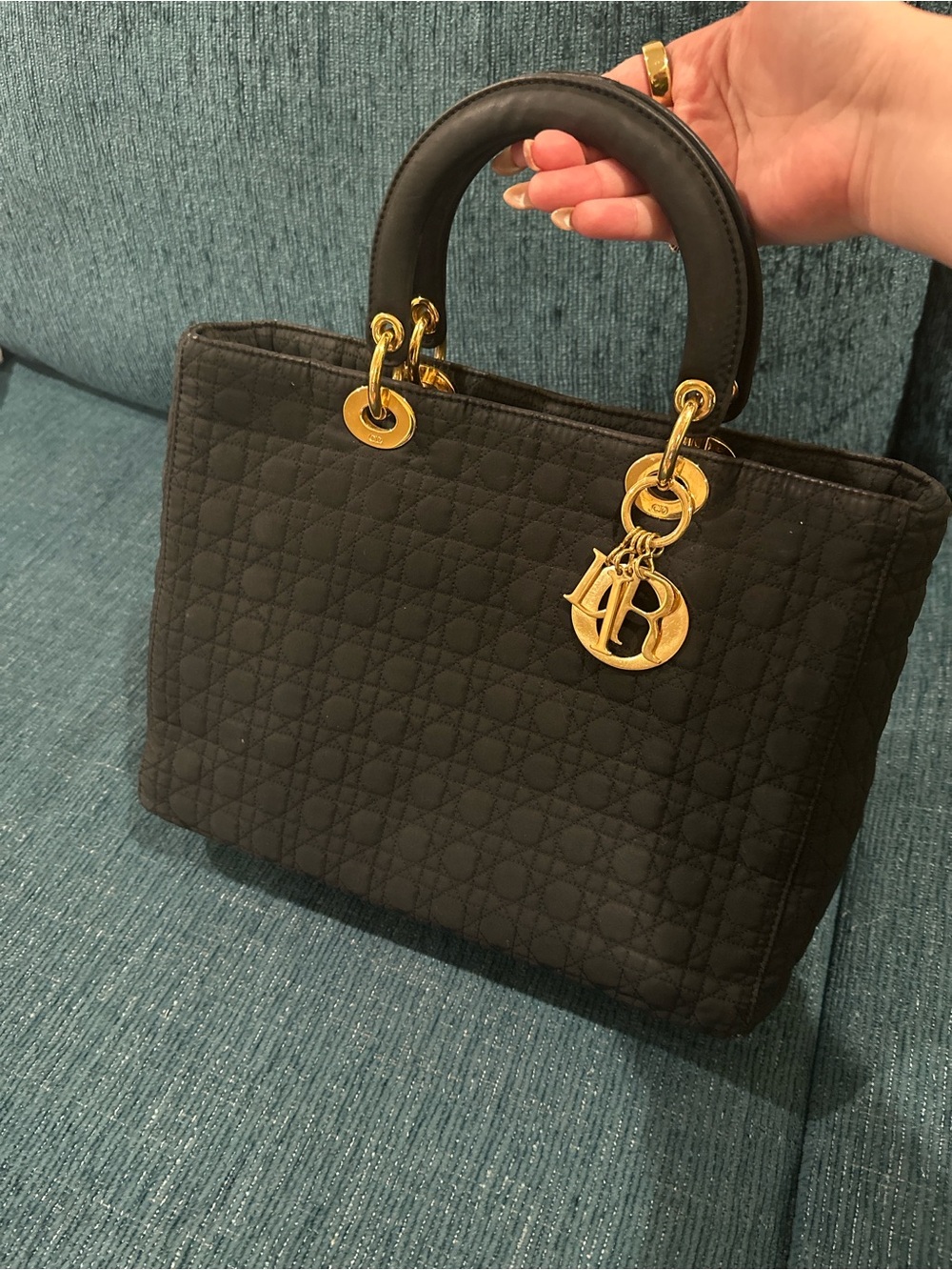 Dior Lady Bag - Vintage Black Canvas Top-Handle with Gold Hardware
